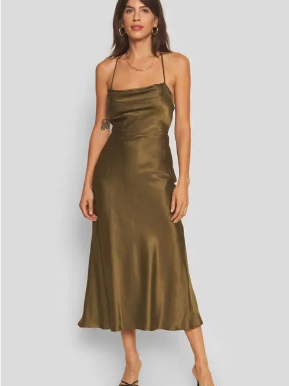 Whimsy + Row Olive Green Satin Slip Midi Dress